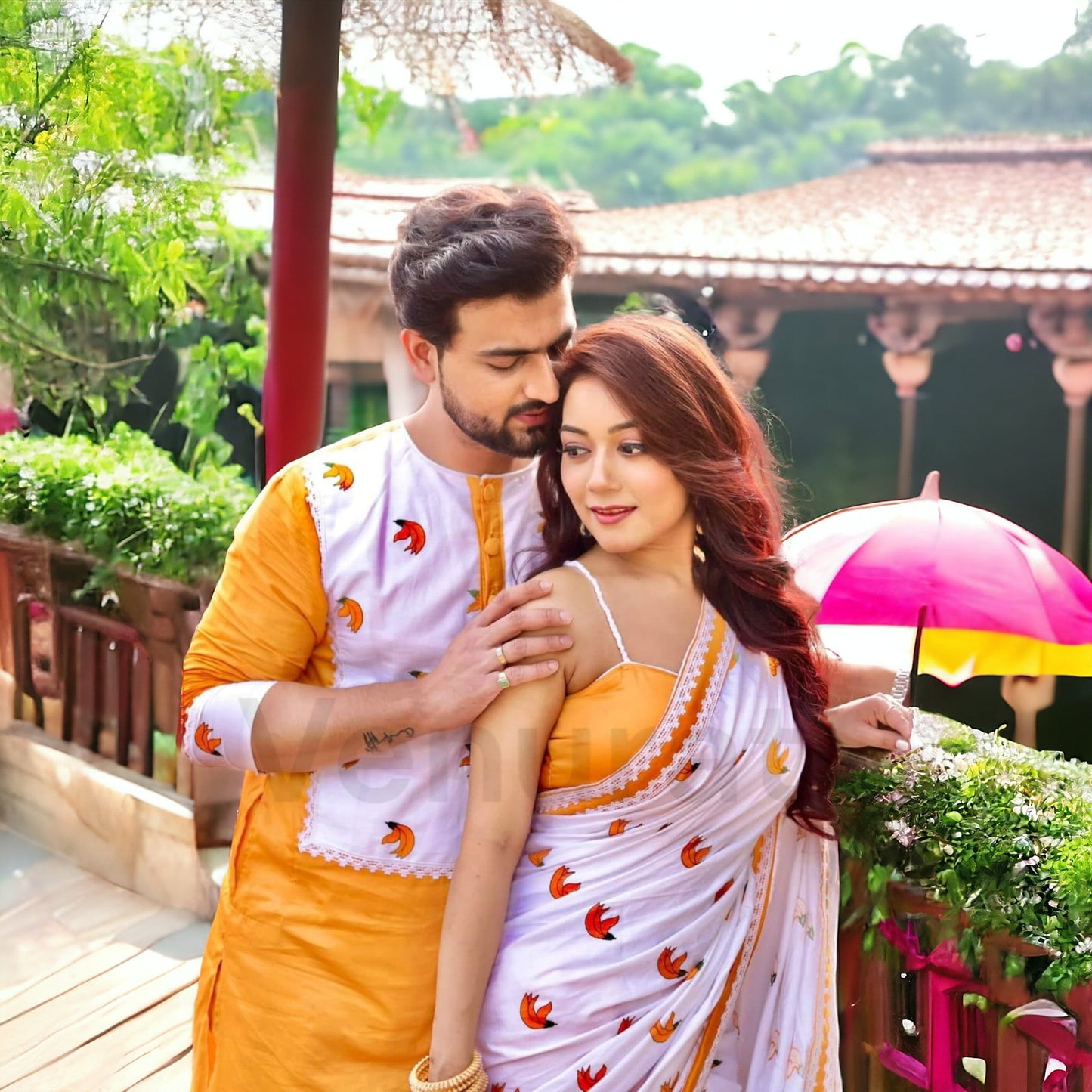 Designer Saree And Punjabi Couple Set With Embroidery work Pure Cotton Mens Kurta Authentic Cotton Saree With Blouse