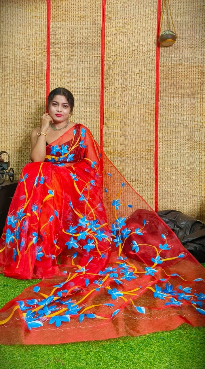Hand Painted Multicolour Organza Saree, Bollywood Style Party Wear Indian Wedding Saree, Designer Organza Saree, Transparent Saree