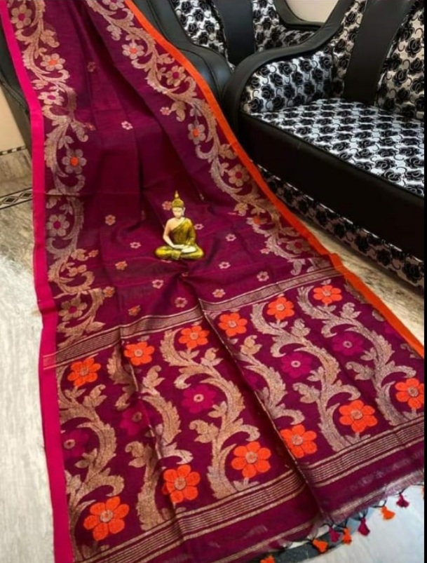 VENURATI Exclusive Organic Linen By Linen Jamdani Saree With Blouse Piece, Handloom Soft 100 Count Linen Jamdani Saree, Authentic Linen Sari