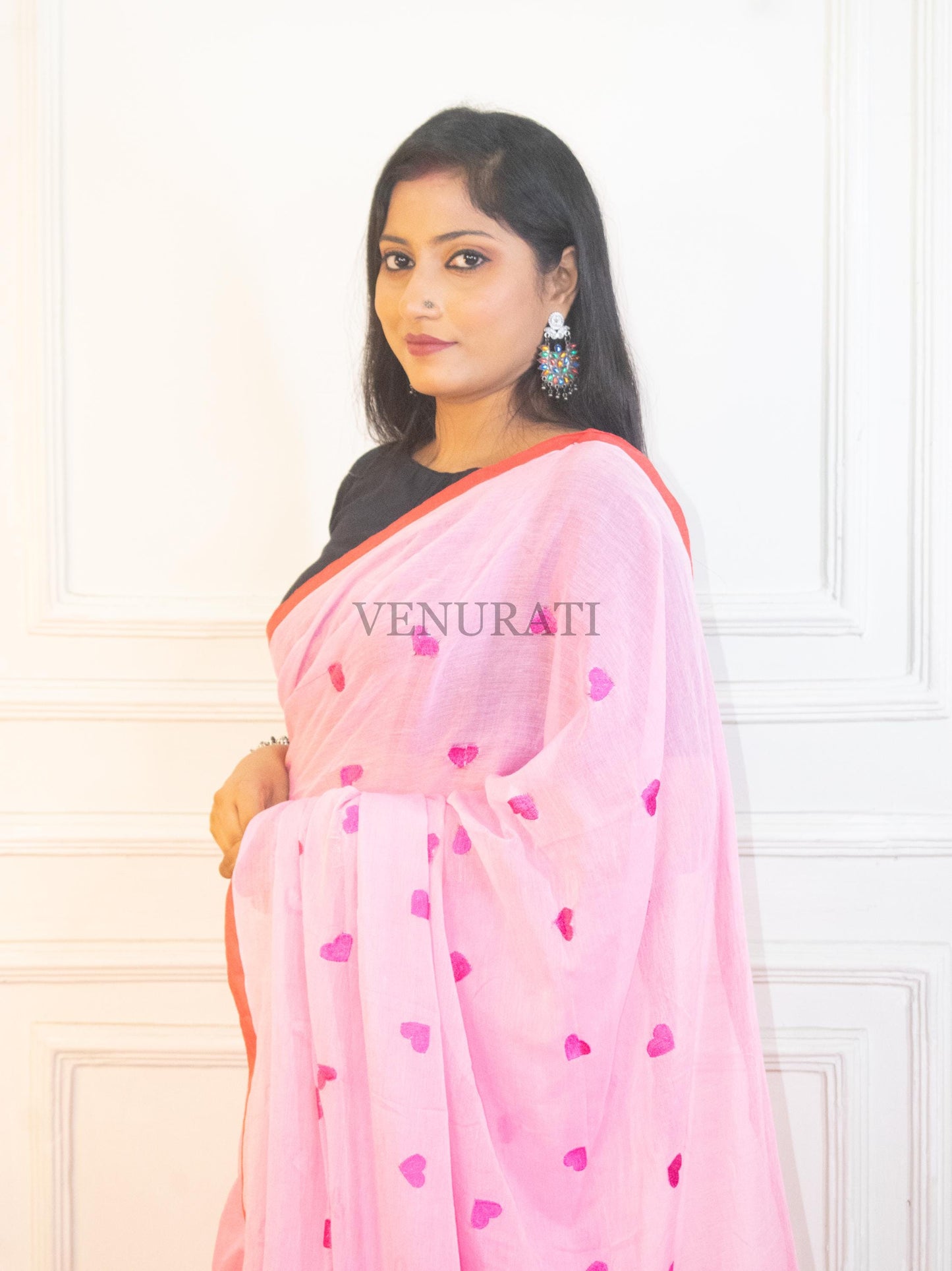 Soft Mulmul Cotton Handloom Saree for All Season, Embroidered Cotton Saree with Pompom, Pink Cotton Saree, Gift for Durga Puja Diwali