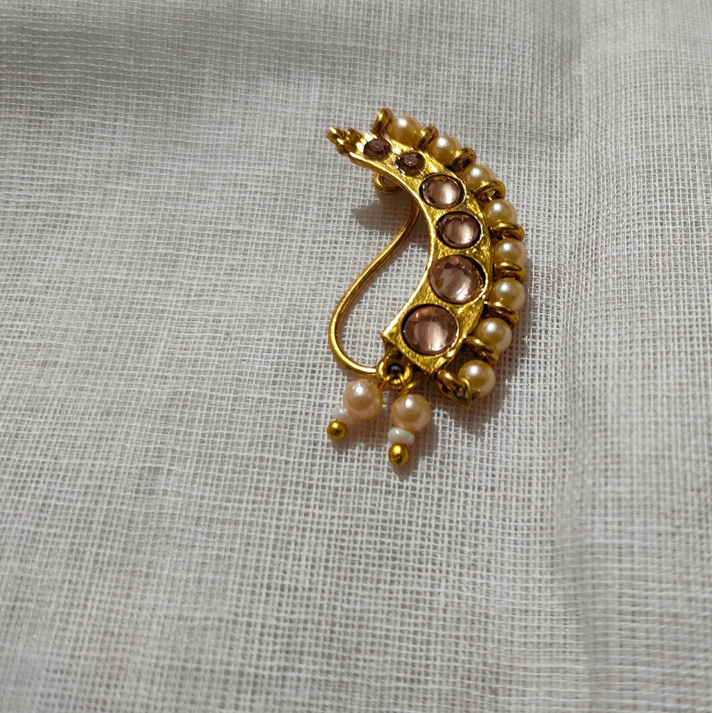 Marathi Nose Pin, Golden False Nose Pin White Stone | Bollywood | Clip on Nose ring | Indian Traditional Bridal Nath | Mothers Day Gift