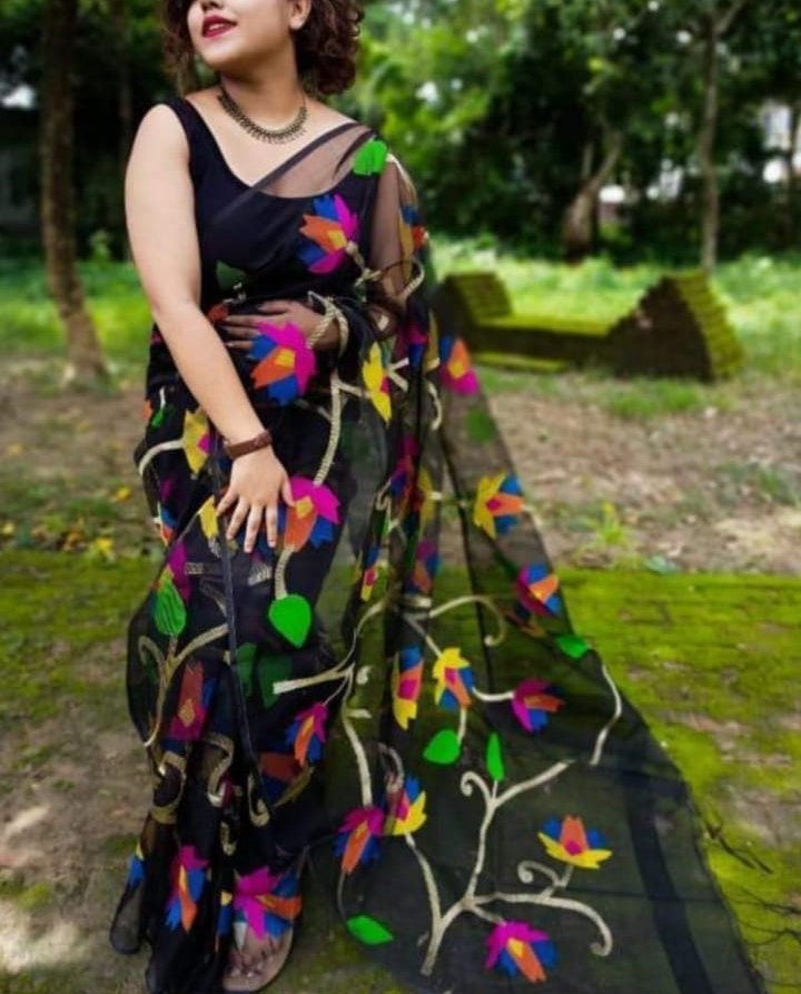 VENURATI Exclusive Handmade Muslin Jamdani Saree with Blouse Piece, Handwoven Dhakai Jamdani Maslin Saree, Transparent Jamdani Sari