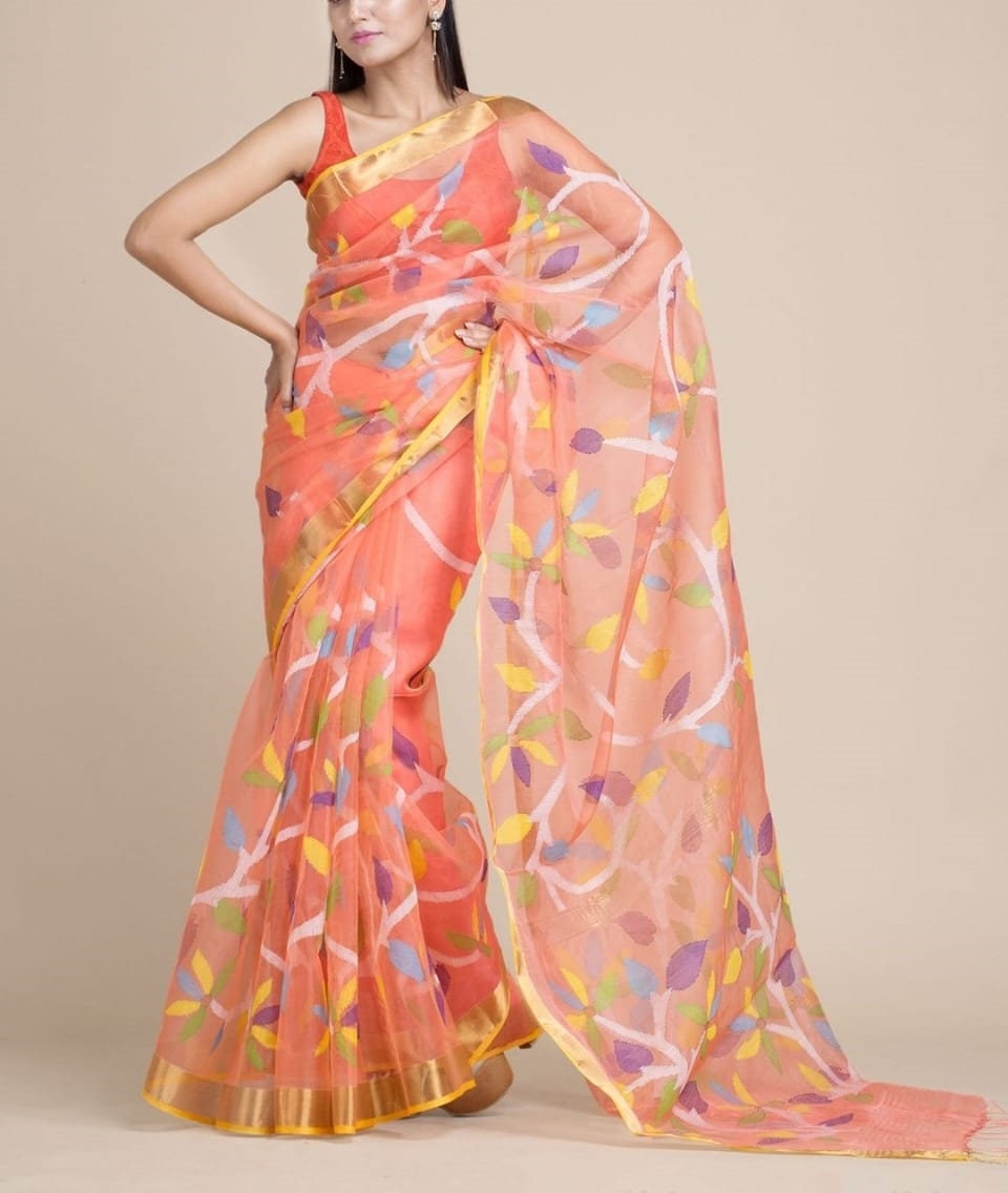 VENURATI Exclusive Handmade Muslin Jamdani Saree with Blouse Piece, Handwoven Dhakai Jamdani Maslin Saree, Transparent Jamdani Sari