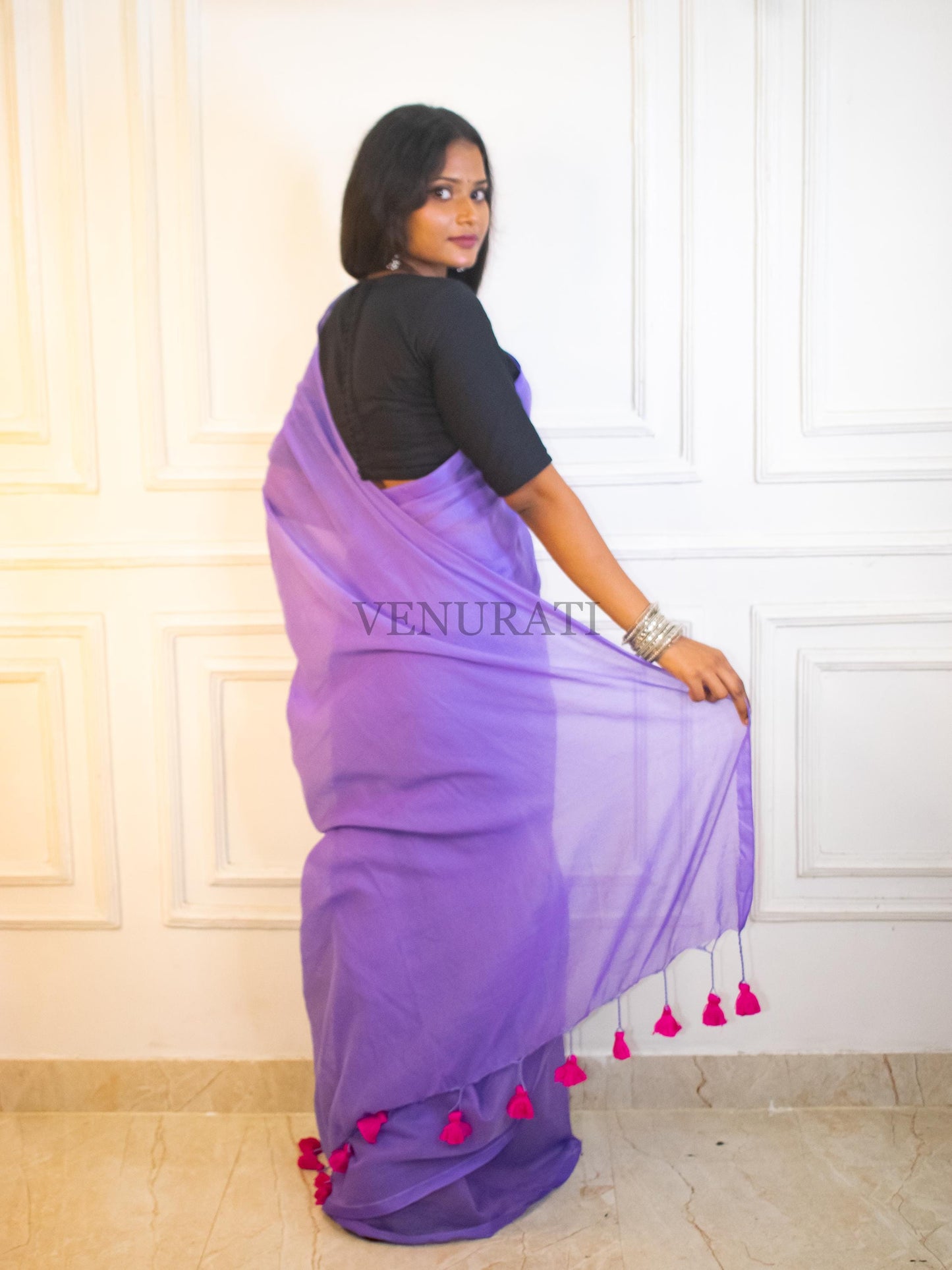 Soft Molmol Cotton Handloom Saree for All Season, Casual Cotton Saree with Tassel, Lavender Color Cotton Saree Gift for Durga Puja Diwali