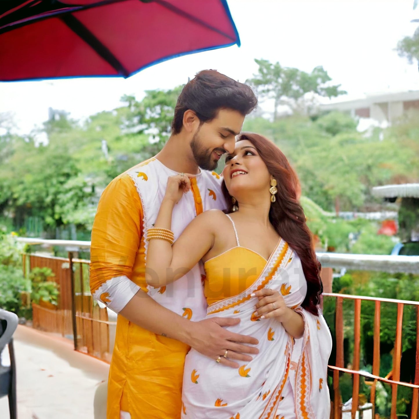 Designer Saree And Punjabi Couple Set With Embroidery work Pure Cotton Mens Kurta Authentic Cotton Saree With Blouse