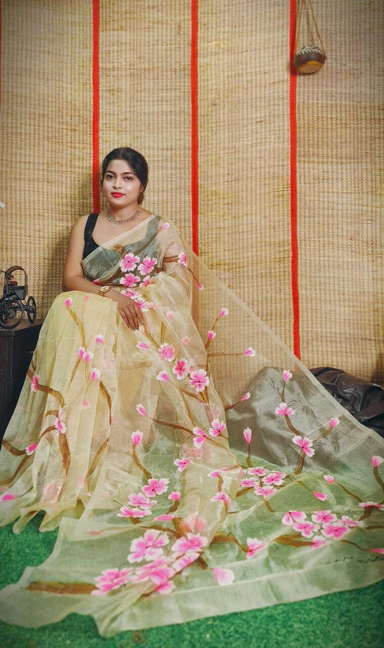 Hand Painted Multicolour Organza Saree, Bollywood Style Party Wear Indian Wedding Saree, Designer Organza Saree, Transparent Saree