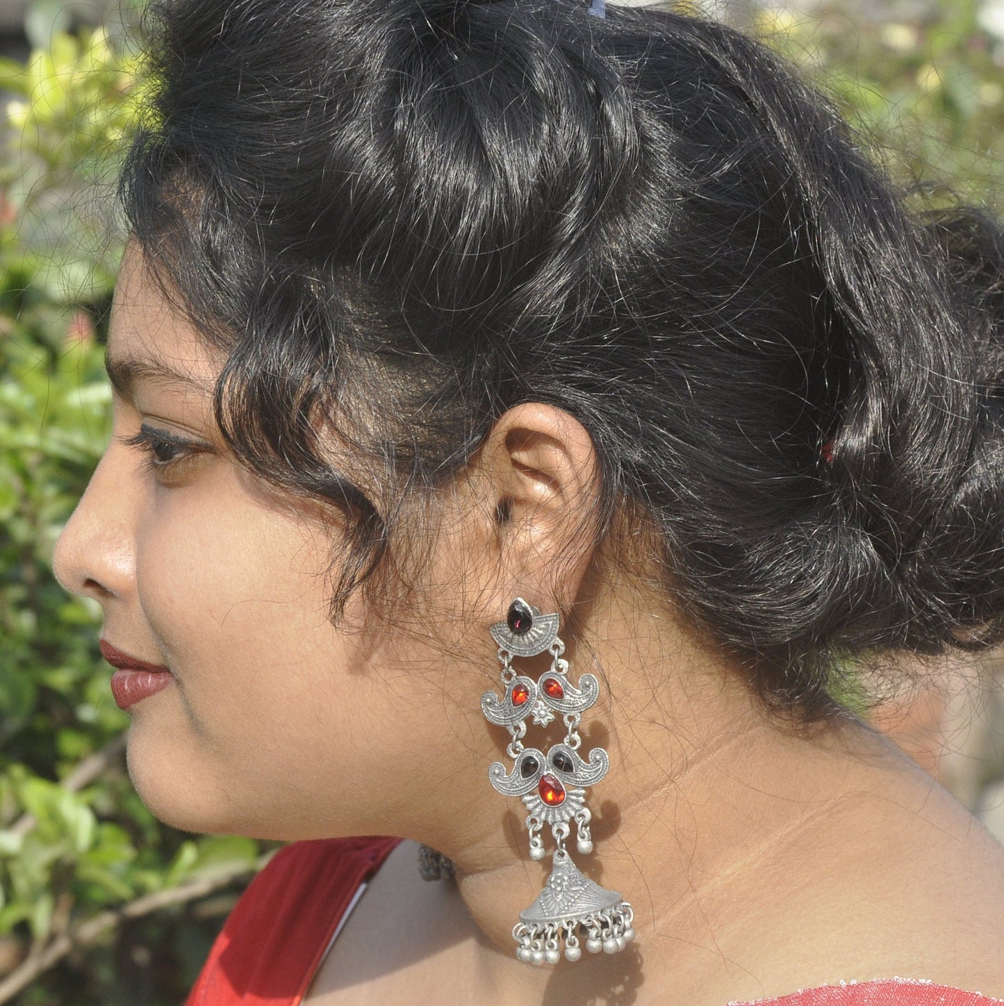 Silver Cherry - Ethnic Black Polish Jhumka Earrings , Red and Black Stone Earring for Womens | Gift for Women | Mothers Day Gift