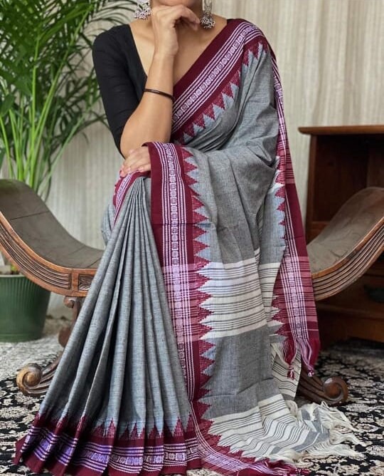 Pure Mercerized Cotton Begumpuri Saree With Blouse Piece Handwoven Soft Dhonekhali Cotton Sarees With Temple Border Durga Puja Gift