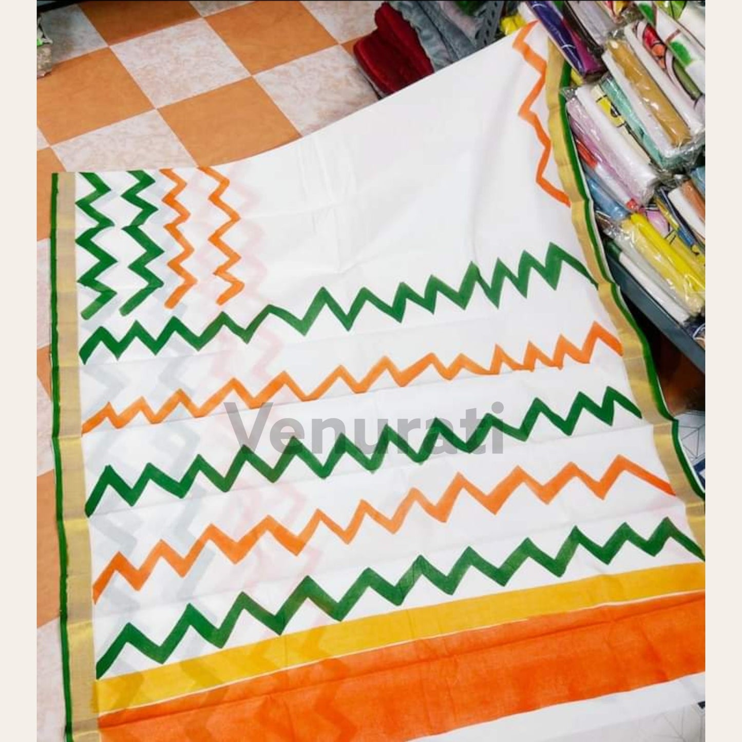 Tri Color Kerala Cotton Saree for Indian Independence Day, Tiranga Saree for 15th August, Soft Cotton Saree, Hand Painted Cotton Saree