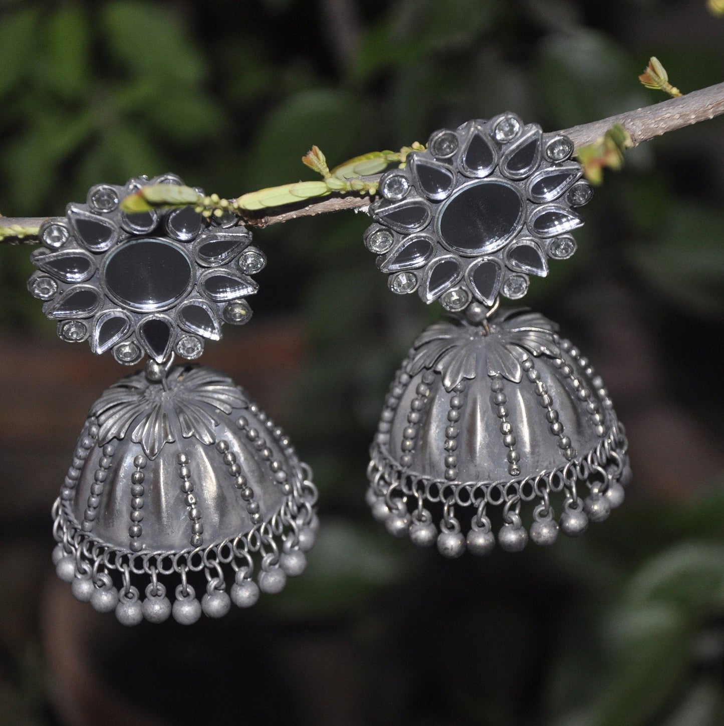 Black Polish Earring With Mirror Stud | Earring For Saree | Oxidized Silver Jewelry for Women's | Mothers Day Gift | Jewellery for Saree