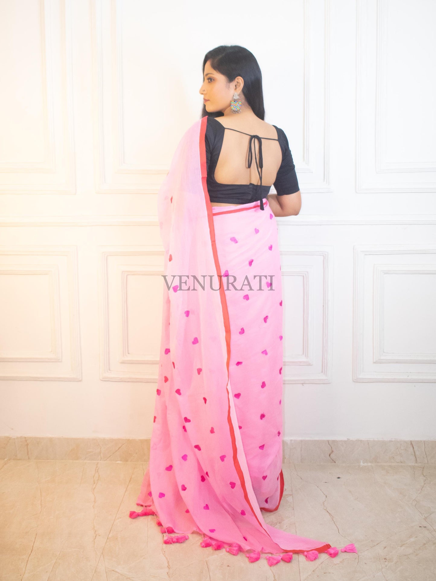 Soft Mulmul Cotton Handloom Saree for All Season, Embroidered Cotton Saree with Pompom, Pink Cotton Saree, Gift for Durga Puja Diwali