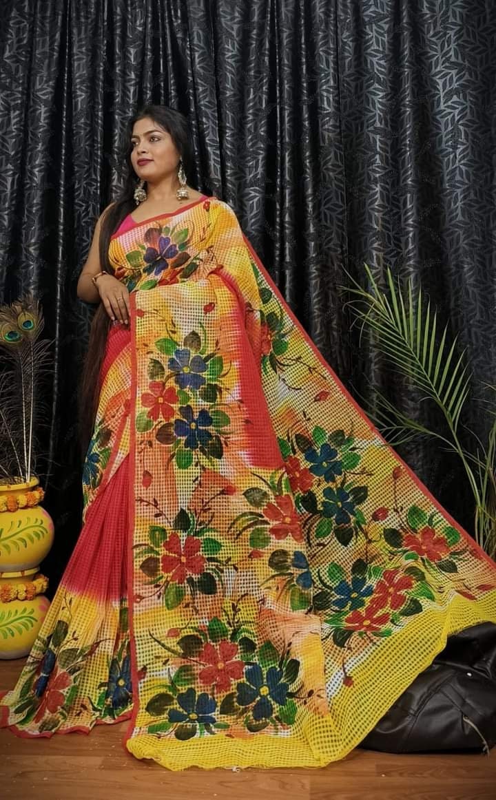 Bengal's Hand Painted Resham Kota Saree for Women's, Full Body Floral Painted Resham Kota Doriya Saree, Designer Bollywood Saree by VENURATI
