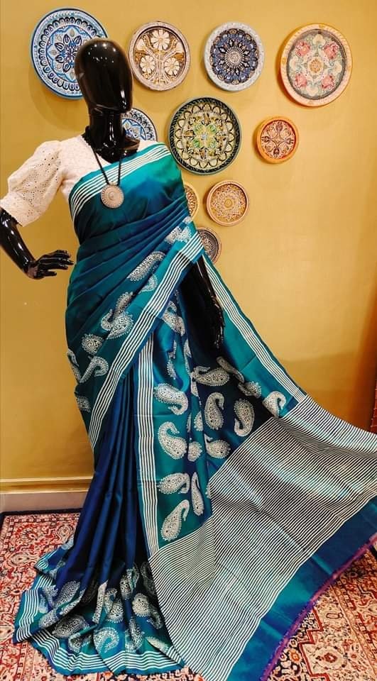 Authentic Bishnupuri Silk Saree Block Print Dual Tone Katan Silk Saree With Silk Mark Silk Saree With Blouse Piece