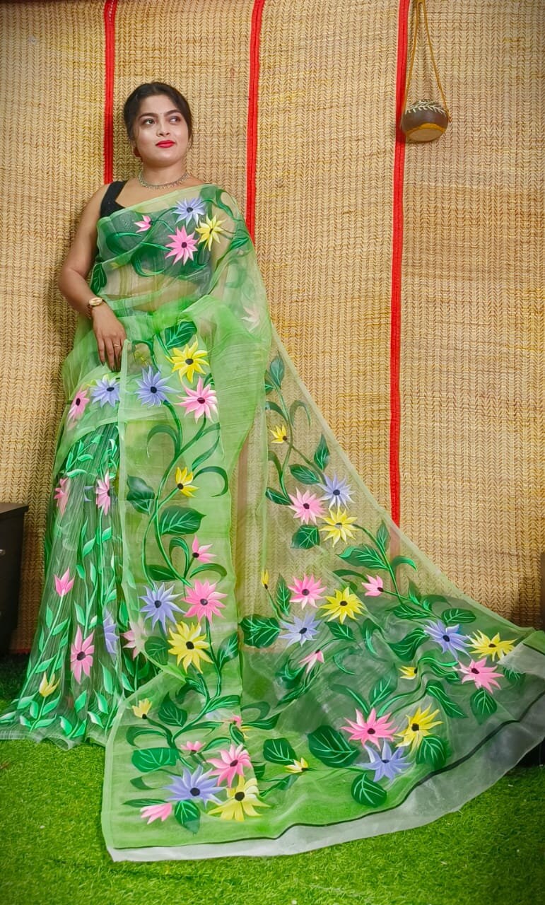 Hand Painted Multicolour Organza Saree, Bollywood Style Party Wear Indian Wedding Saree, Designer Organza Saree, Transparent Saree