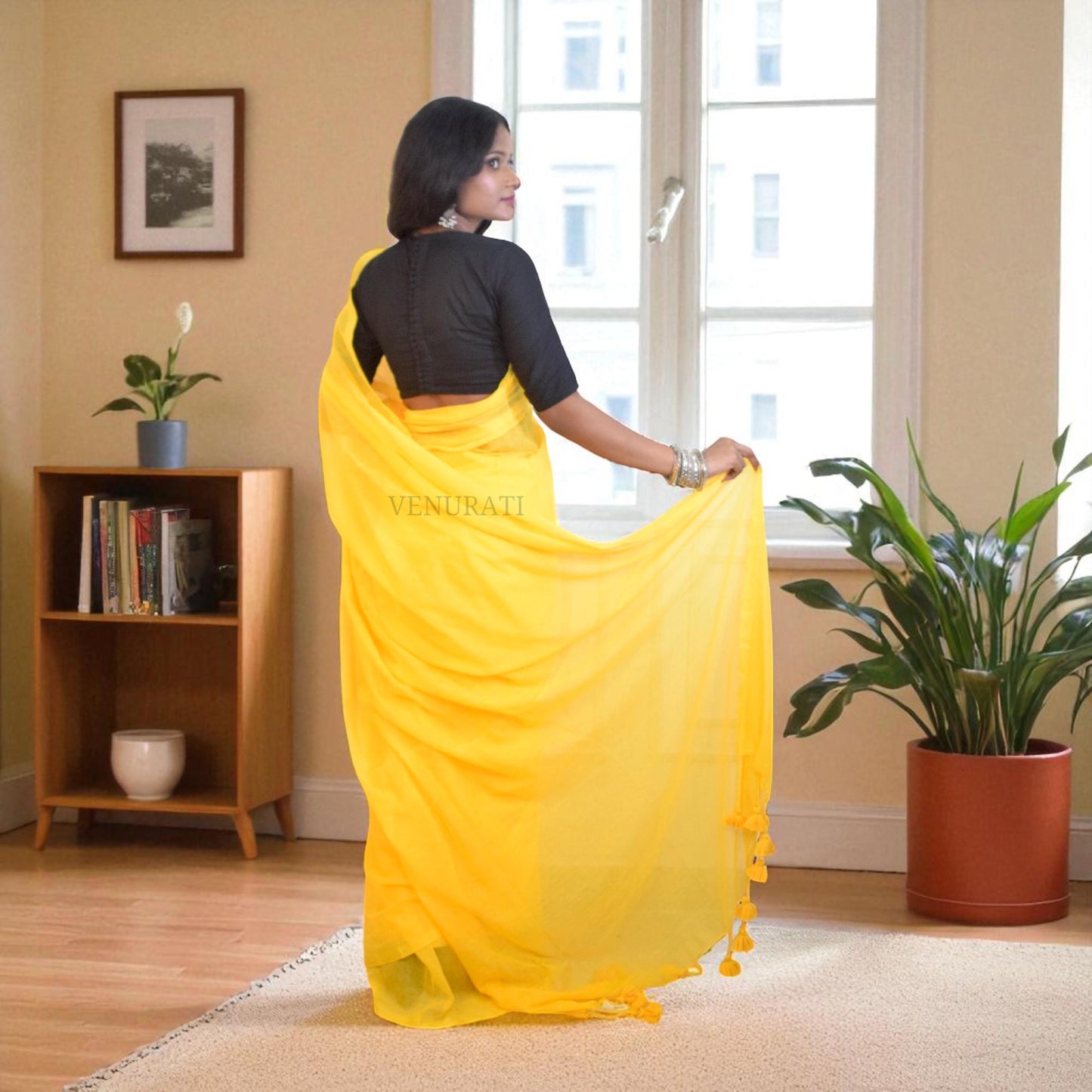 Molmol Cotton Handloom Saree With Beautiful Tassel Simple Cotton Sari Gift for Durga puja Diwali Soft Yellow Cotton Saree for all Purpose