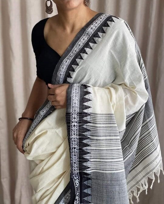 Pure Mercerized Cotton Begumpuri Saree With Blouse Piece Handwoven Soft Dhonekhali Cotton Sarees With Temple Border Durga Puja Gift