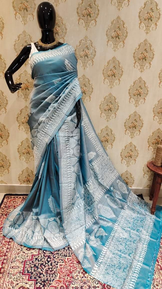 Authentic Bishnupuri Silk Saree Block Print Dual Tone Katan Silk Saree With Silk Mark Silk Saree With Blouse Piece