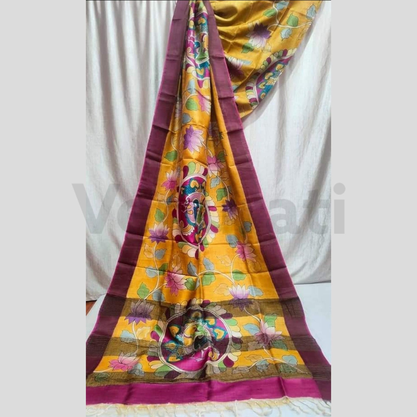 Hand-Painted Jari Tussar Kalamkari Saree, Pure Silk Saree with Silkmark
