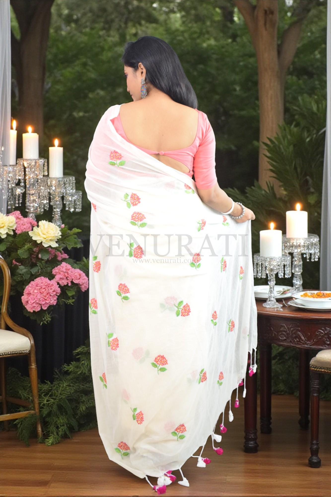 Soft Mulmul Cotton Handloom Saree for All Season, Embroidered Cotton Saree with Pompom, Off-White Cotton Saree, Gift for Durga Puja Diwali