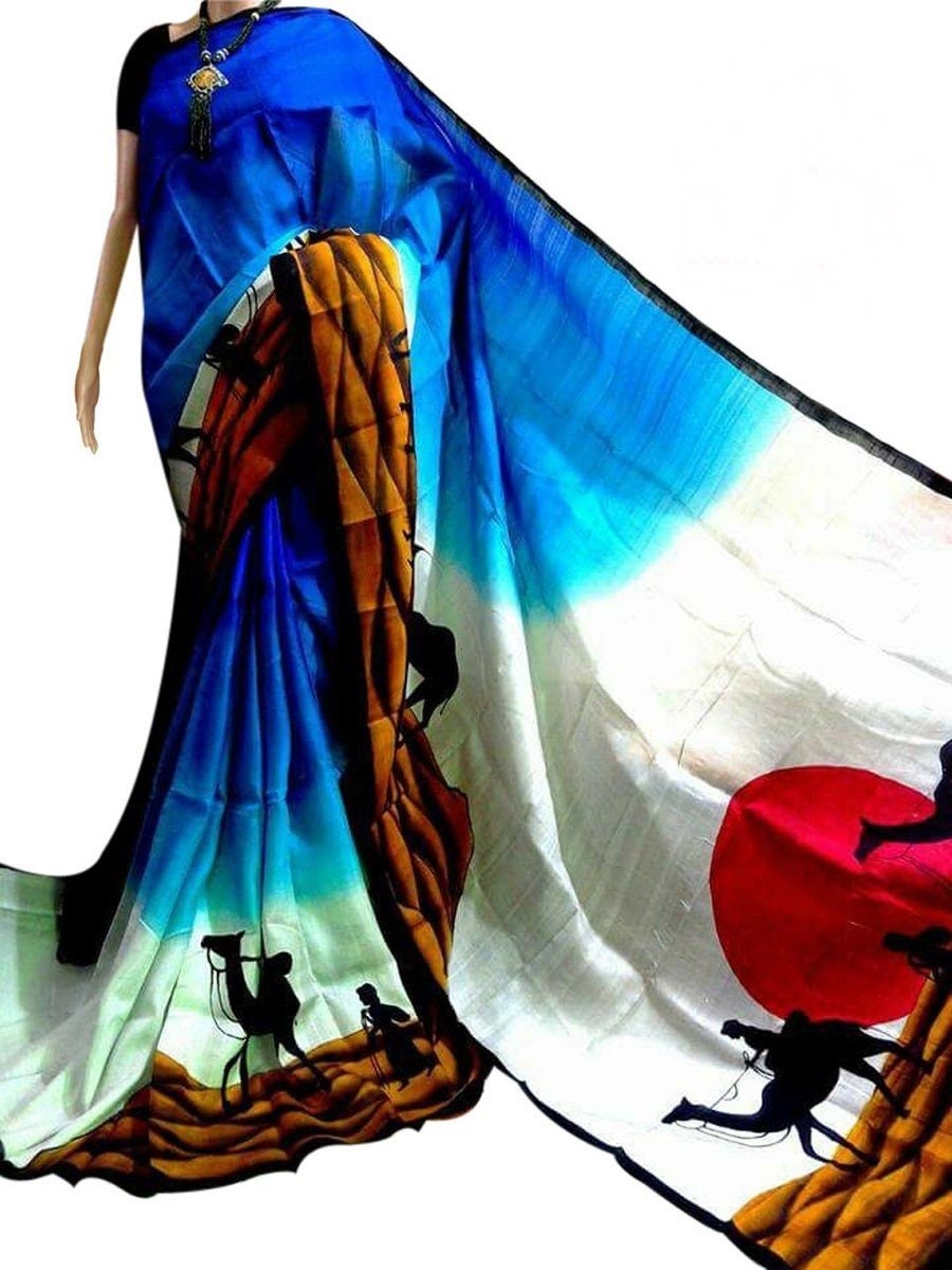 Authentic Murshidabad Silk Saree All Over Hand Paint Work Pure Handloom Soft Murshidabadi Silk Sari With Blouse Piece | Gift For Durga puja