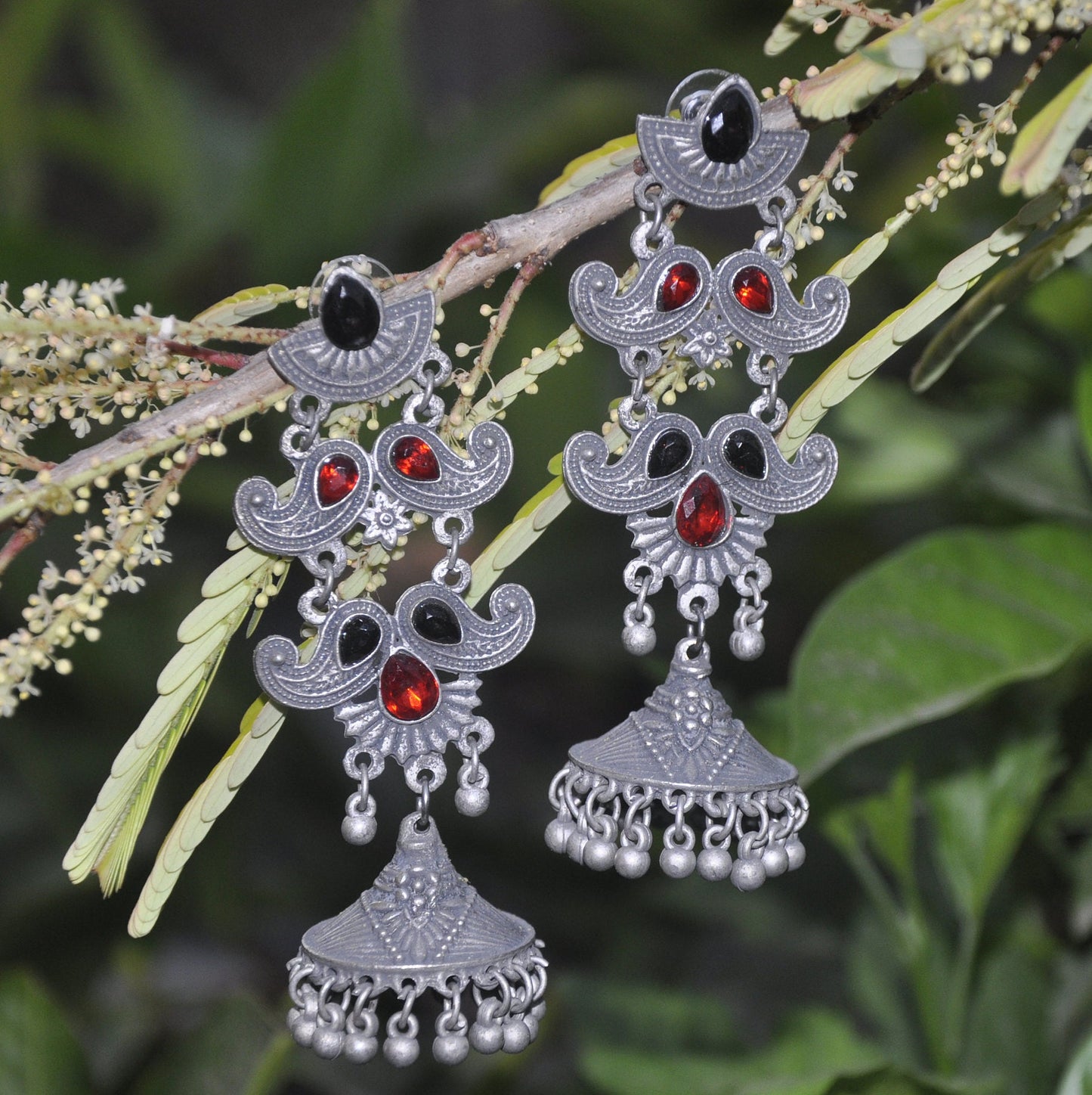 Silver Cherry - Ethnic Black Polish Jhumka Earrings , Red and Black Stone Earring for Womens | Gift for Women | Mothers Day Gift