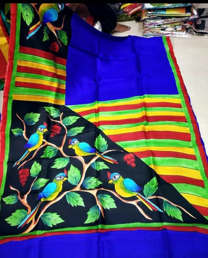 Authentic Murshidabad Silk Saree All Over Hand Paint Work Pure Handloom Soft Murshidabadi Silk Sari With Blouse Piece | Gift For Durga Puja