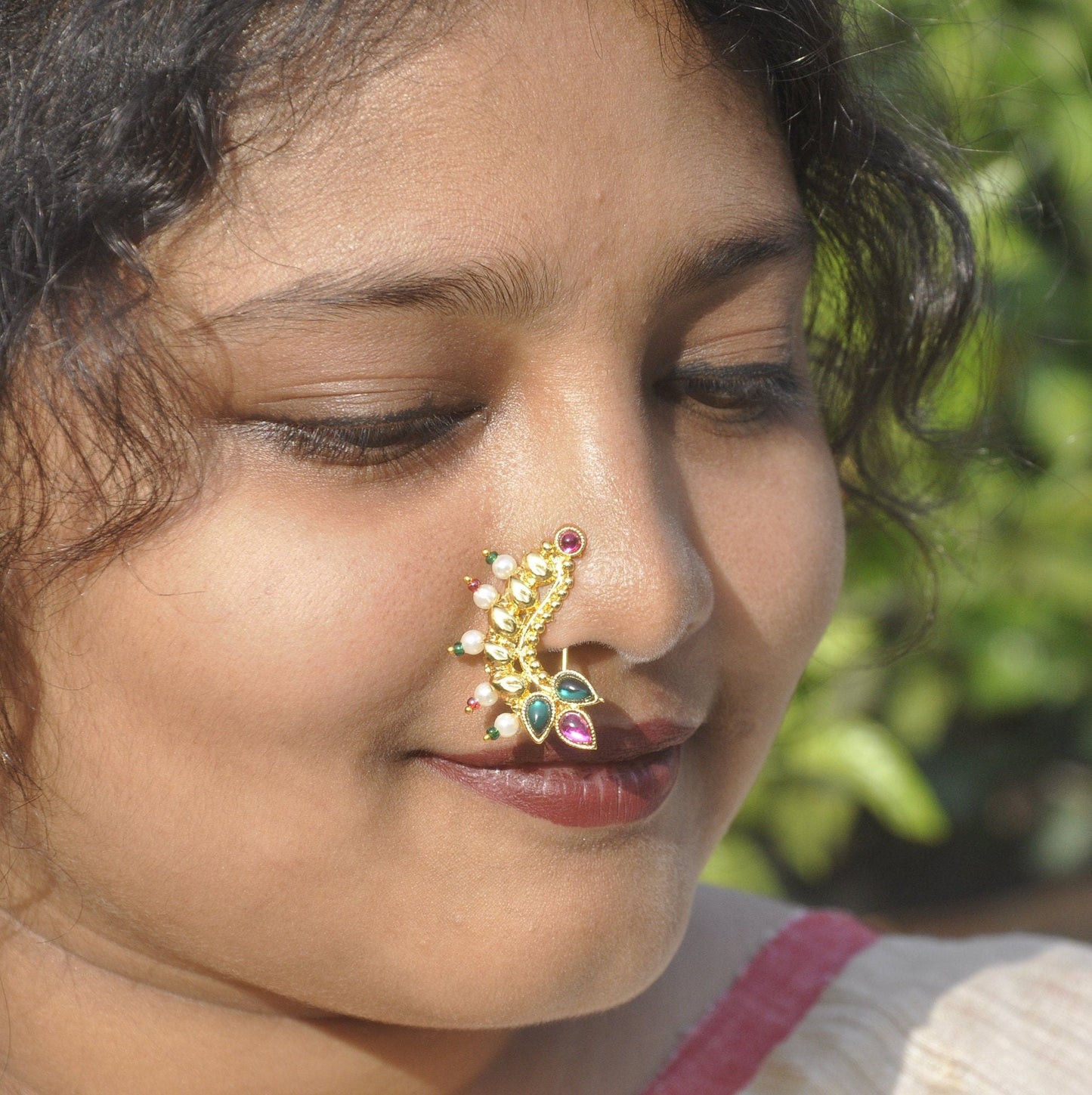 Marathi Nose Pin, Golden False Nose Pin White Stone | Bollywood | Clip on Nose ring | Indian Traditional Bridal Nath | Mothers Day Gift