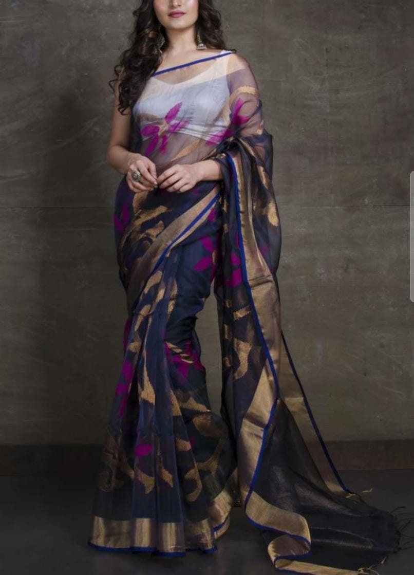 VENURATI Exclusive Handmade Muslin Jamdani Saree with Blouse Piece, Handwoven Dhakai Jamdani Maslin Saree, Transparent Jamdani Sari