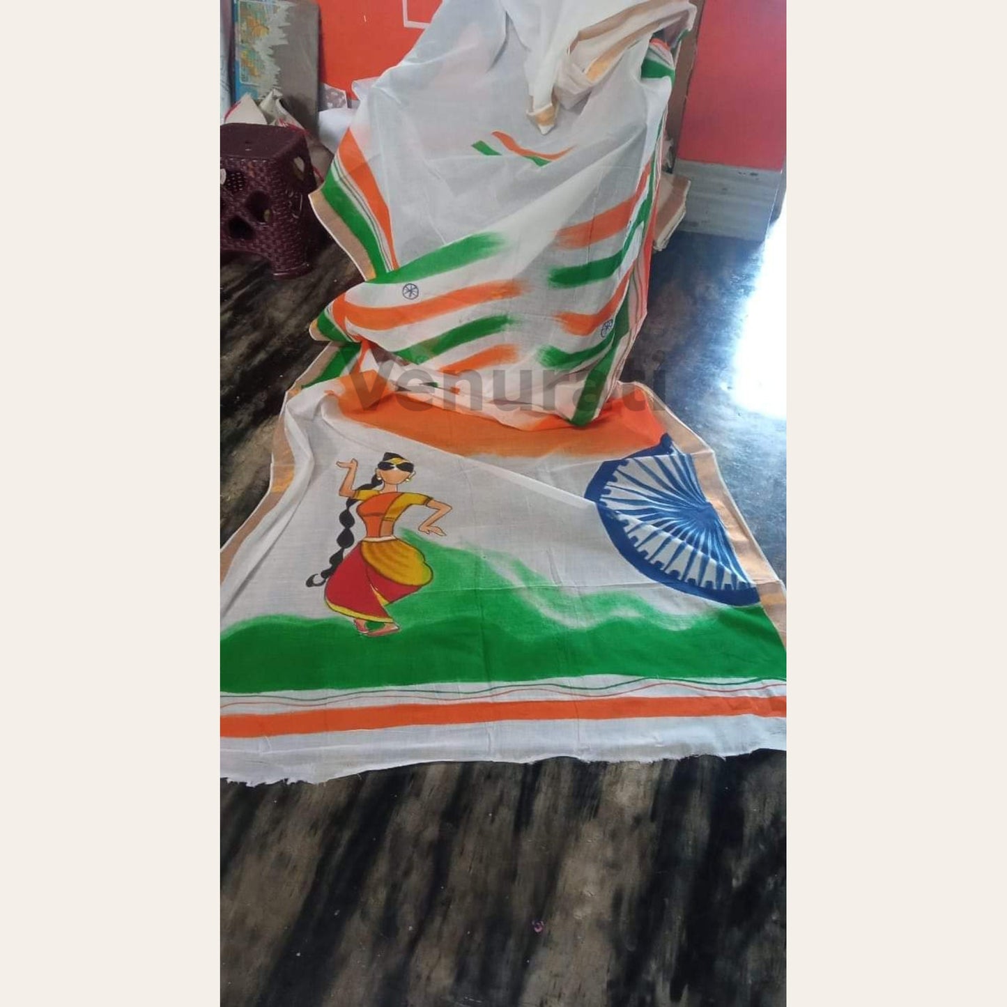 Tri Color Kerala Cotton Saree for Indian Independence Day, Tiranga Saree for 15th August, Soft Cotton Saree, Hand Painted Cotton Saree