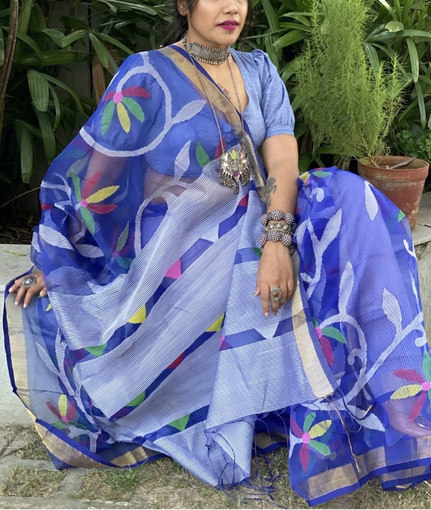 VENURATI Exclusive Handmade Muslin Jamdani Saree with Blouse Piece, Handwoven Dhakai Jamdani Maslin Saree, Transparent Jamdani Sari