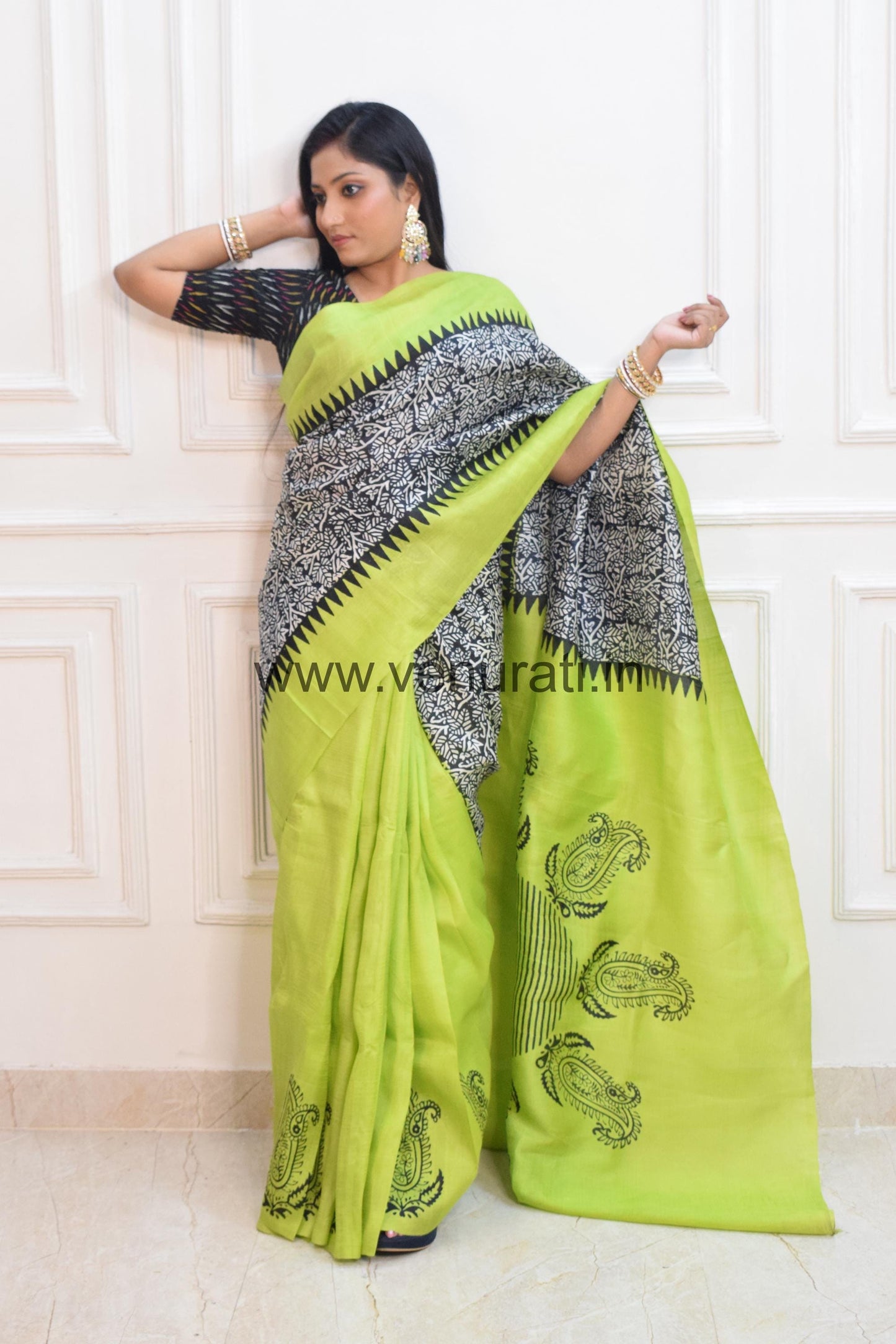 Authentic Murshidabad Silk Saree Designer Block Print Pure Soft Silk Sari With Blouse Piece, Green Silk Saree with Silkmark, Gift for Mother