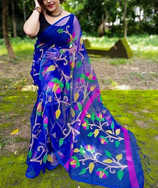 VENURATI Exclusive Handmade Muslin Jamdani Saree with Blouse Piece, Handwoven Dhakai Jamdani Maslin Saree, Transparent Jamdani Sari