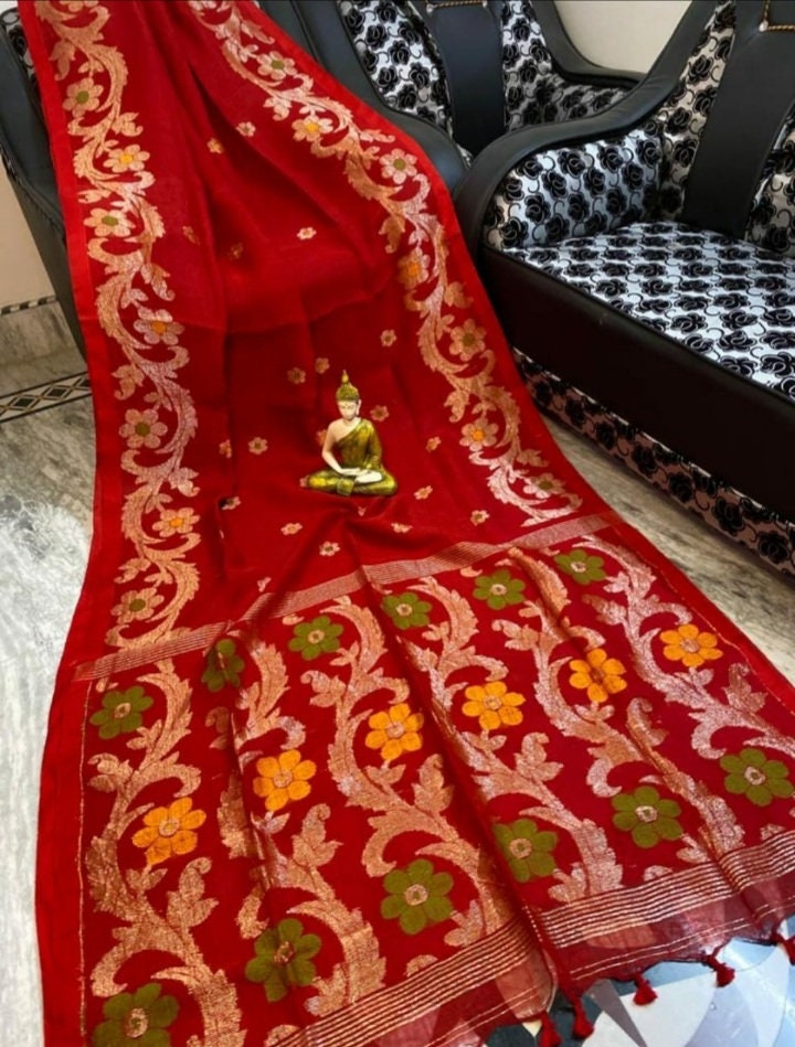 VENURATI Exclusive Organic Linen By Linen Jamdani Saree With Blouse Piece, Handloom Soft 100 Count Linen Jamdani Saree, Authentic Linen Sari