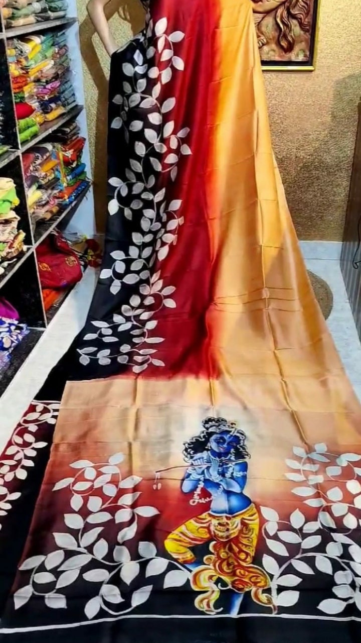 Authentic Murshidabad Silk Saree All Over Hand Paint Work Pure Handloom Soft Murshidabadi Silk Sari With Blouse Piece | Gift For Anniversary