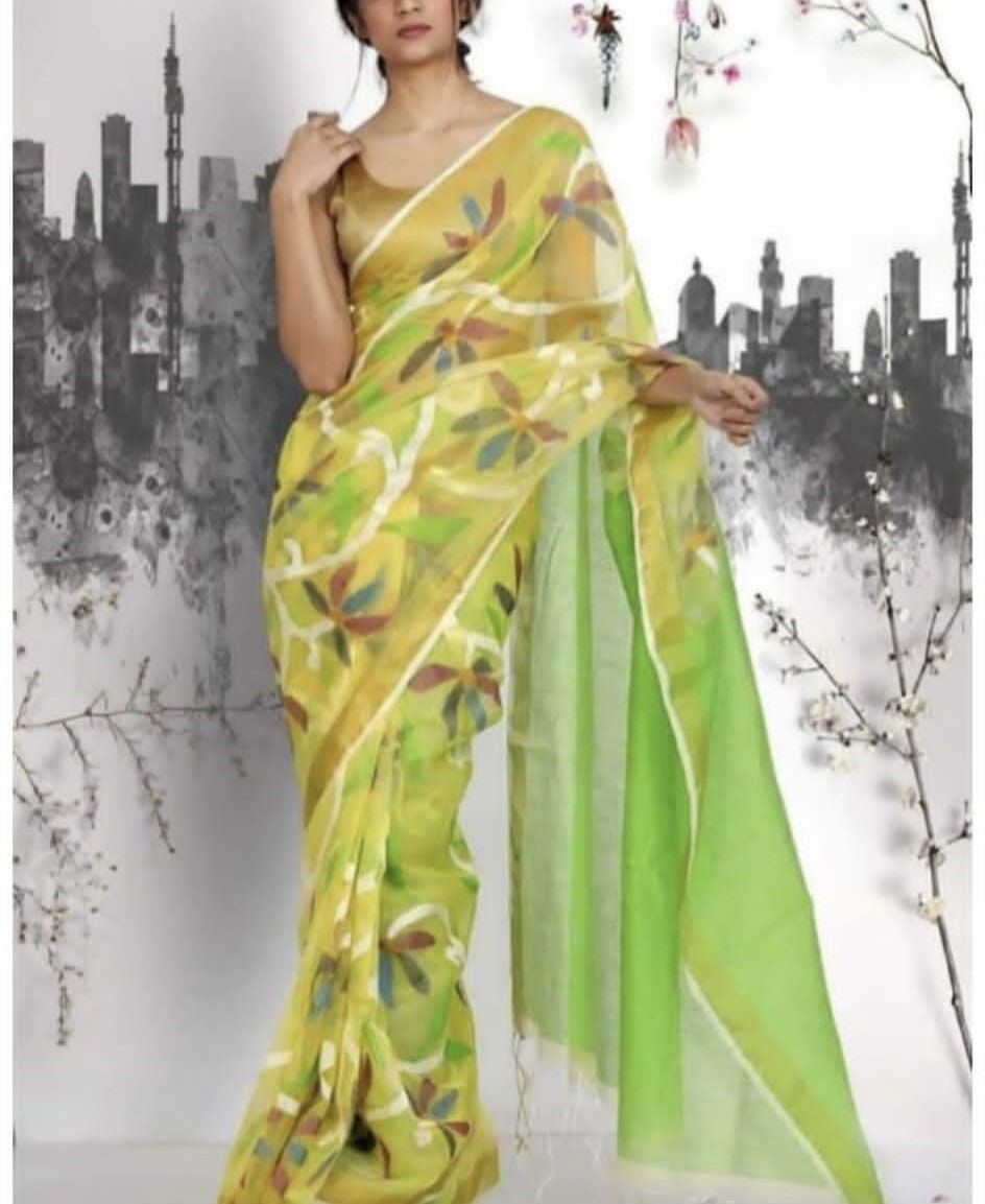 VENURATI Exclusive Handmade Muslin Jamdani Saree with Blouse Piece, Handwoven Dhakai Jamdani Maslin Saree, Transparent Jamdani Sari