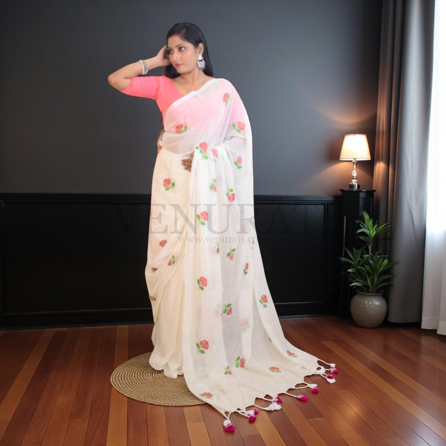Soft Mulmul Cotton Handloom Saree for All Season, Embroidered Cotton Saree with Pompom, Off-White Cotton Saree, Gift for Durga Puja Diwali