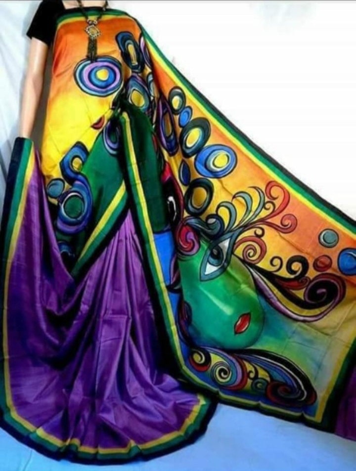 Authentic Murshidabad Silk Saree All Over Hand Paint Work Pure Handloom Soft Murshidabadi Silk Sari With Blouse Piece | Gift For Anniversary