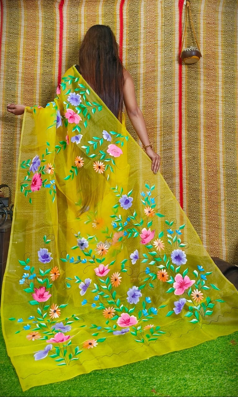 Hand Painted Multicolour Organza Saree, Bollywood Style Party Wear Indian Wedding Saree, Designer Organza Saree, Transparent Saree