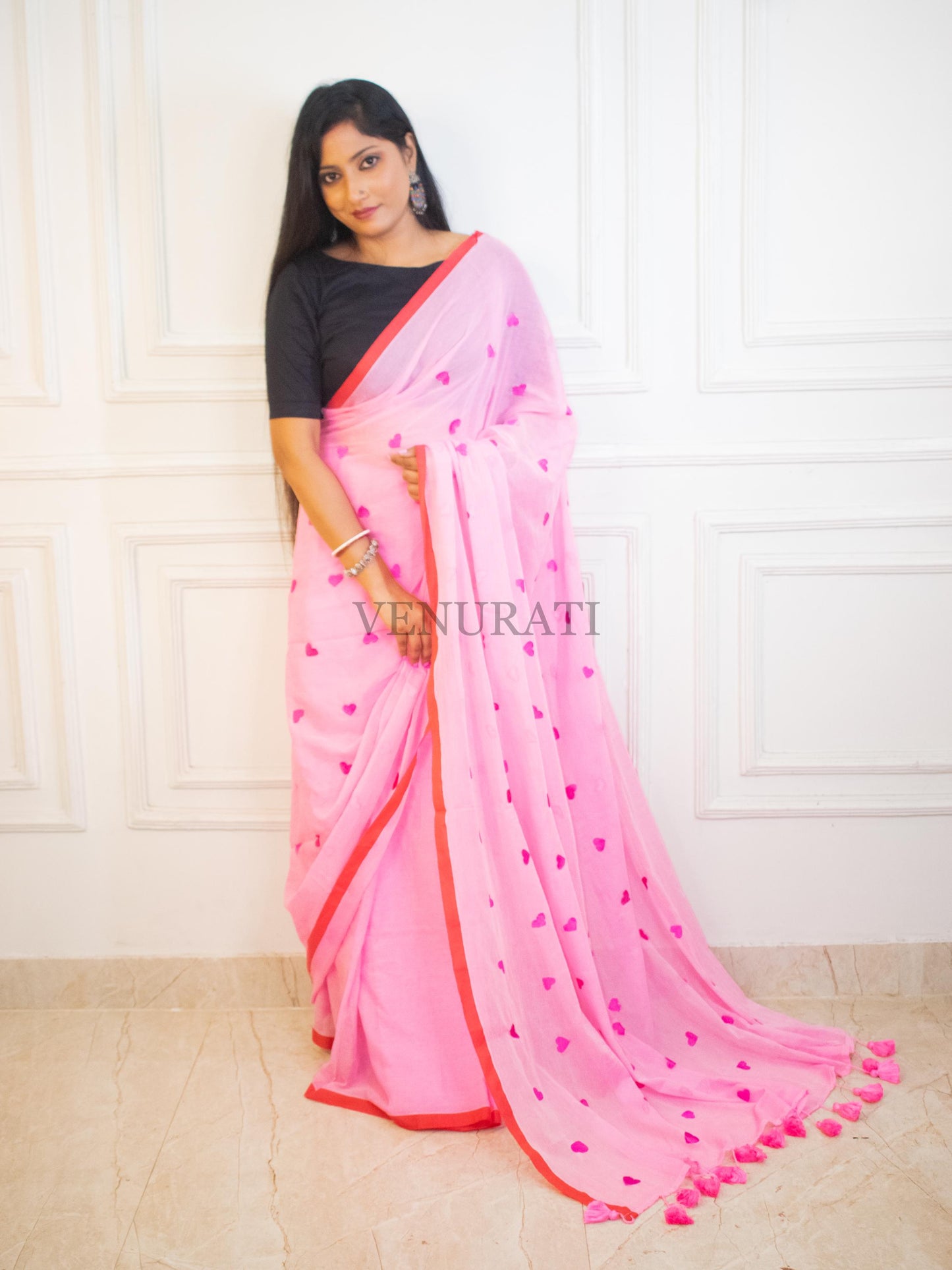 Soft Mulmul Cotton Handloom Saree for All Season, Embroidered Cotton Saree with Pompom, Pink Cotton Saree, Gift for Durga Puja Diwali