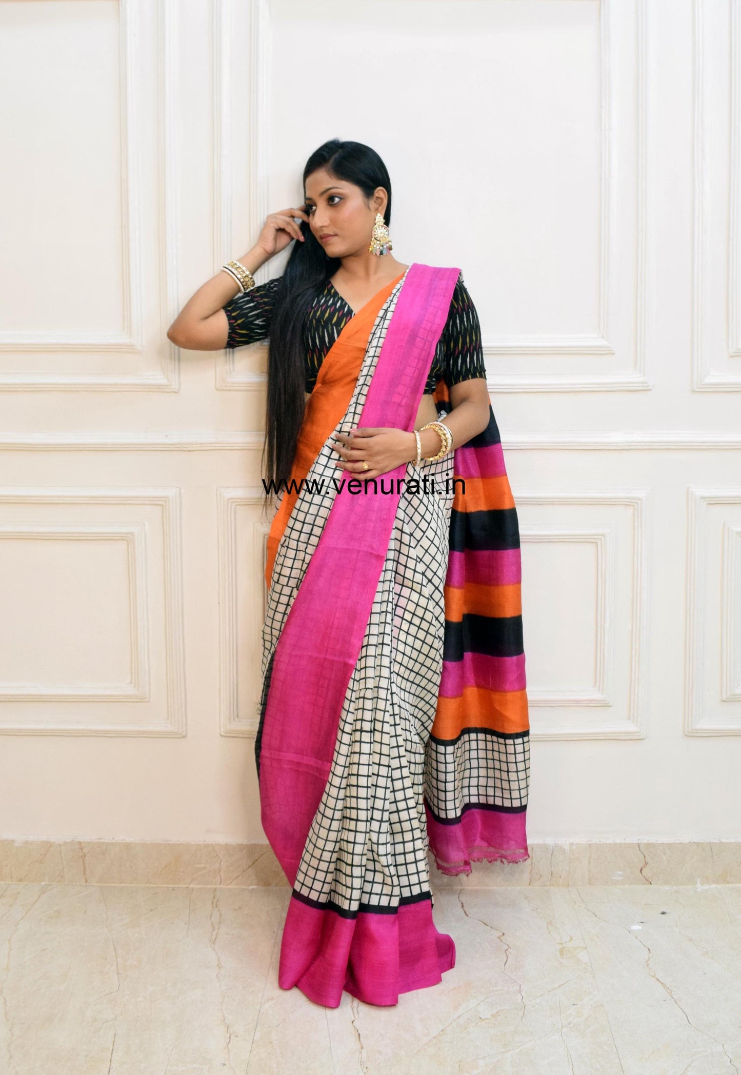 Authentic Silk Saree, Murshidabad Silk Sari, Block Printed Pure Silk Saree in multi colour Combination, Silk saree with Blouse Piece