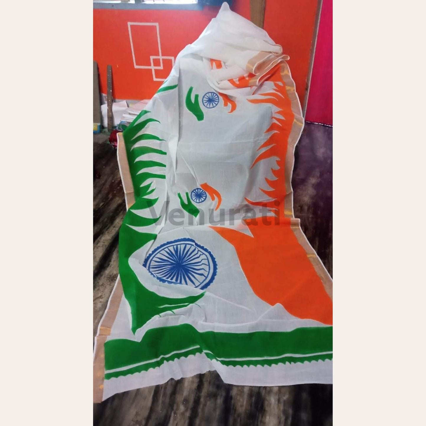 Tri Color Kerala Cotton Saree for Indian Independence Day, Tiranga Saree for 15th August, Soft Cotton Saree, Hand Painted Cotton Saree