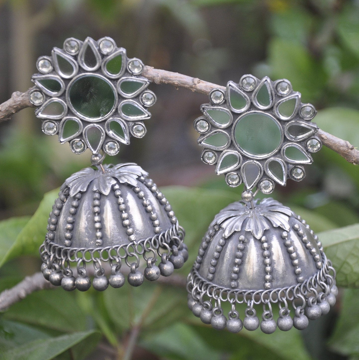 Black Polish Earring With Mirror Stud | Earring For Saree | Oxidized Silver Jewelry for Women's | Mothers Day Gift | Jewellery for Saree