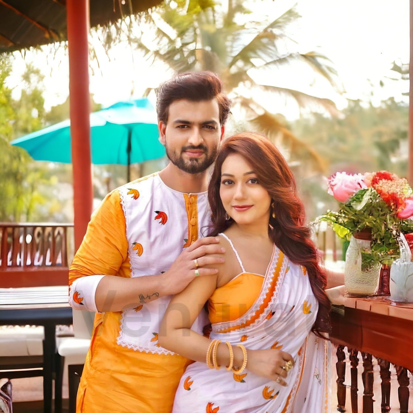 Designer Saree And Punjabi Couple Set With Embroidery work Pure Cotton Mens Kurta Authentic Cotton Saree With Blouse