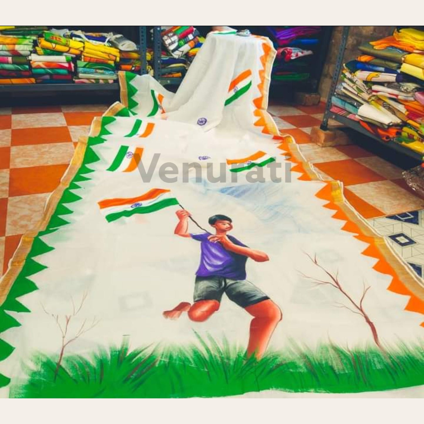 Tri Color Kerala Cotton Saree for Indian Independence Day, Tiranga Saree for 15th August, Soft Cotton Saree, Hand Painted Cotton Saree