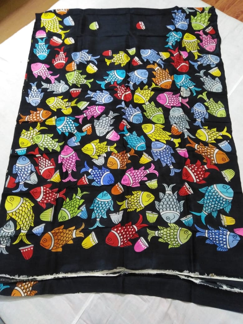 Authentic Murshidabad Silk Saree All Over Hand Paint Work Pure Handloom Soft Murshidabadi Silk Sari With Blouse Piece | Gift For Durga puja