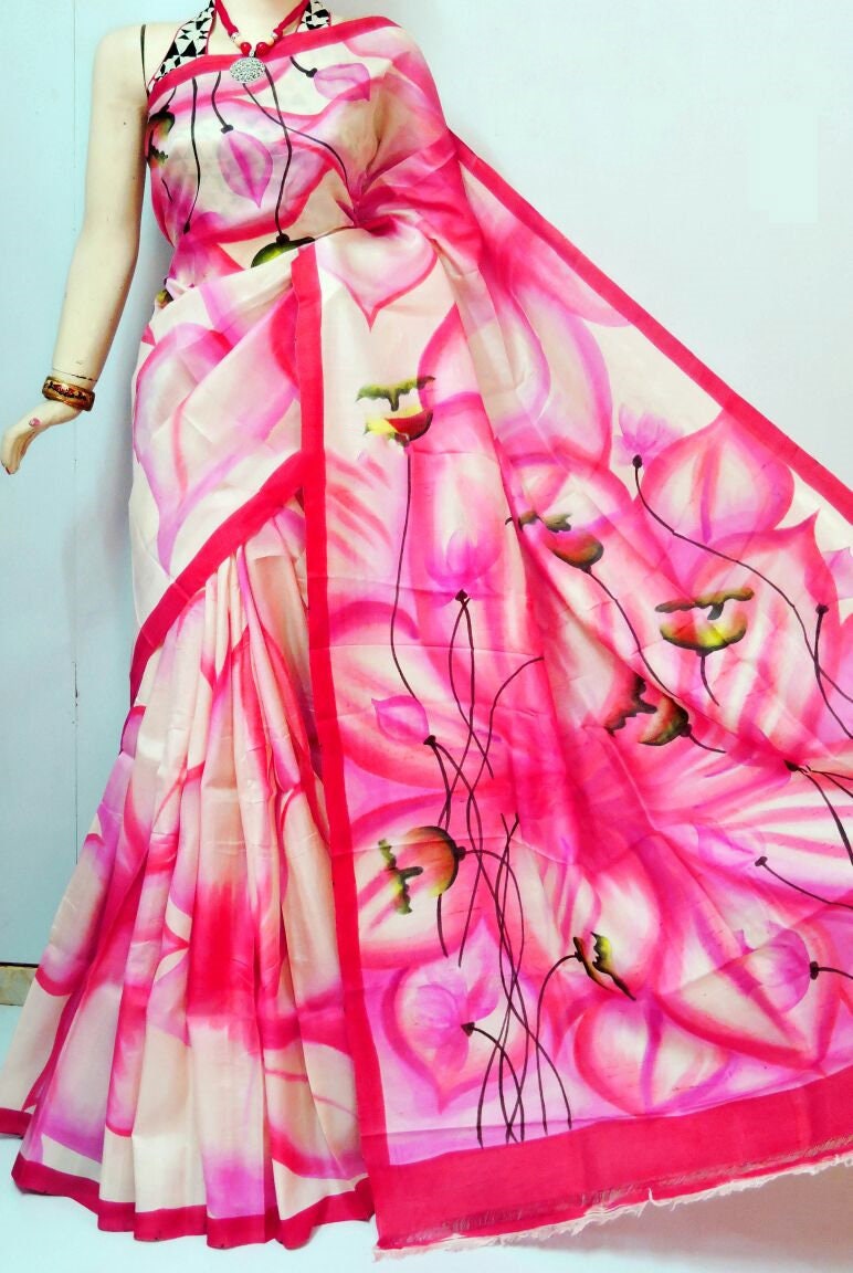 Authentic Murshidabad Silk Saree All Over Hand Paint Work Pure Handloom Soft Murshidabadi Silk Sari With Blouse Piece | Gift For Anniversary