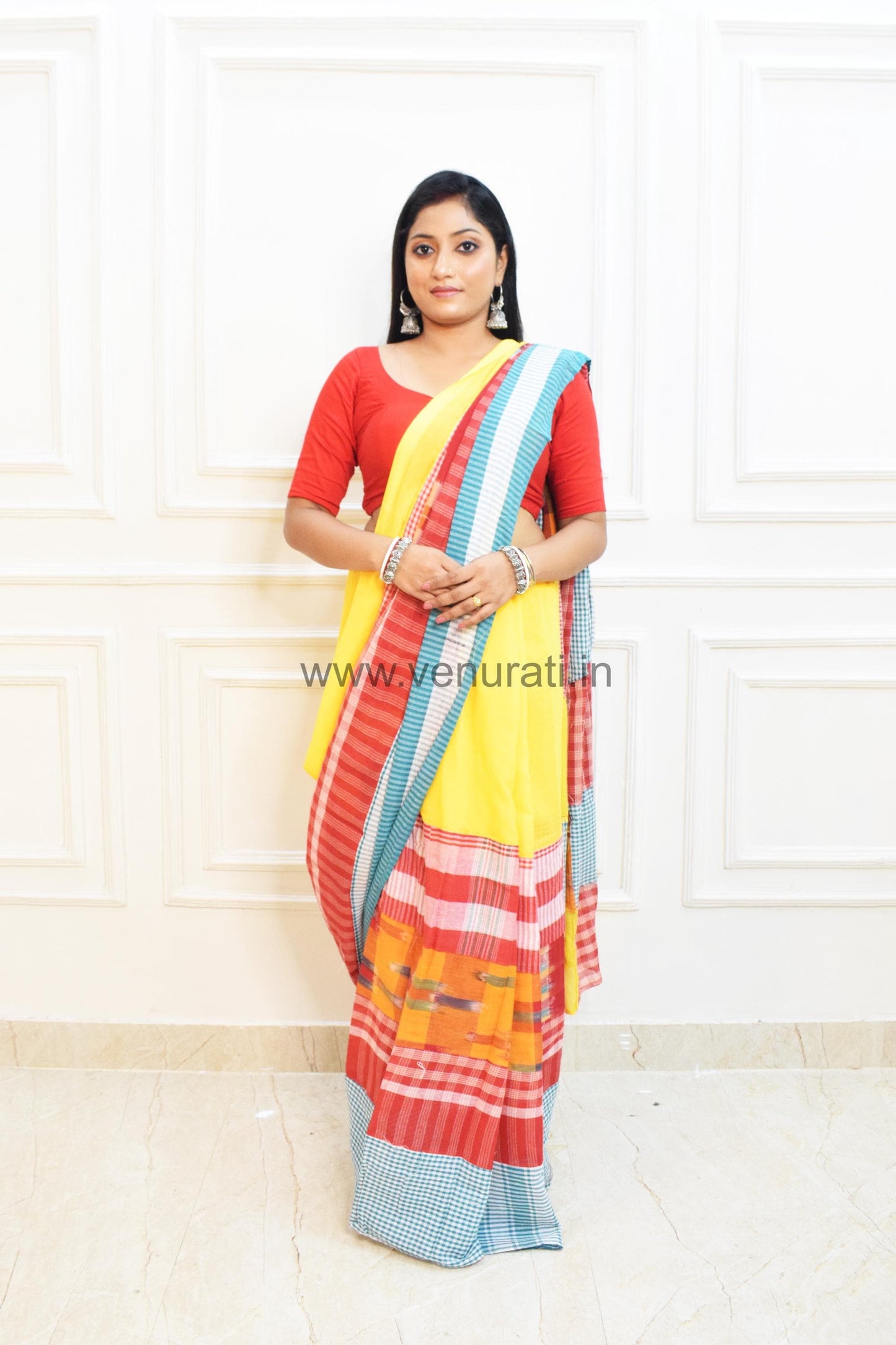 Handwoven Cotton Khadi Saree with Gamcha Patchwork, Designer Cotton Saree, Pure khadi cotton mix match saree , Yellow Cotton Saree