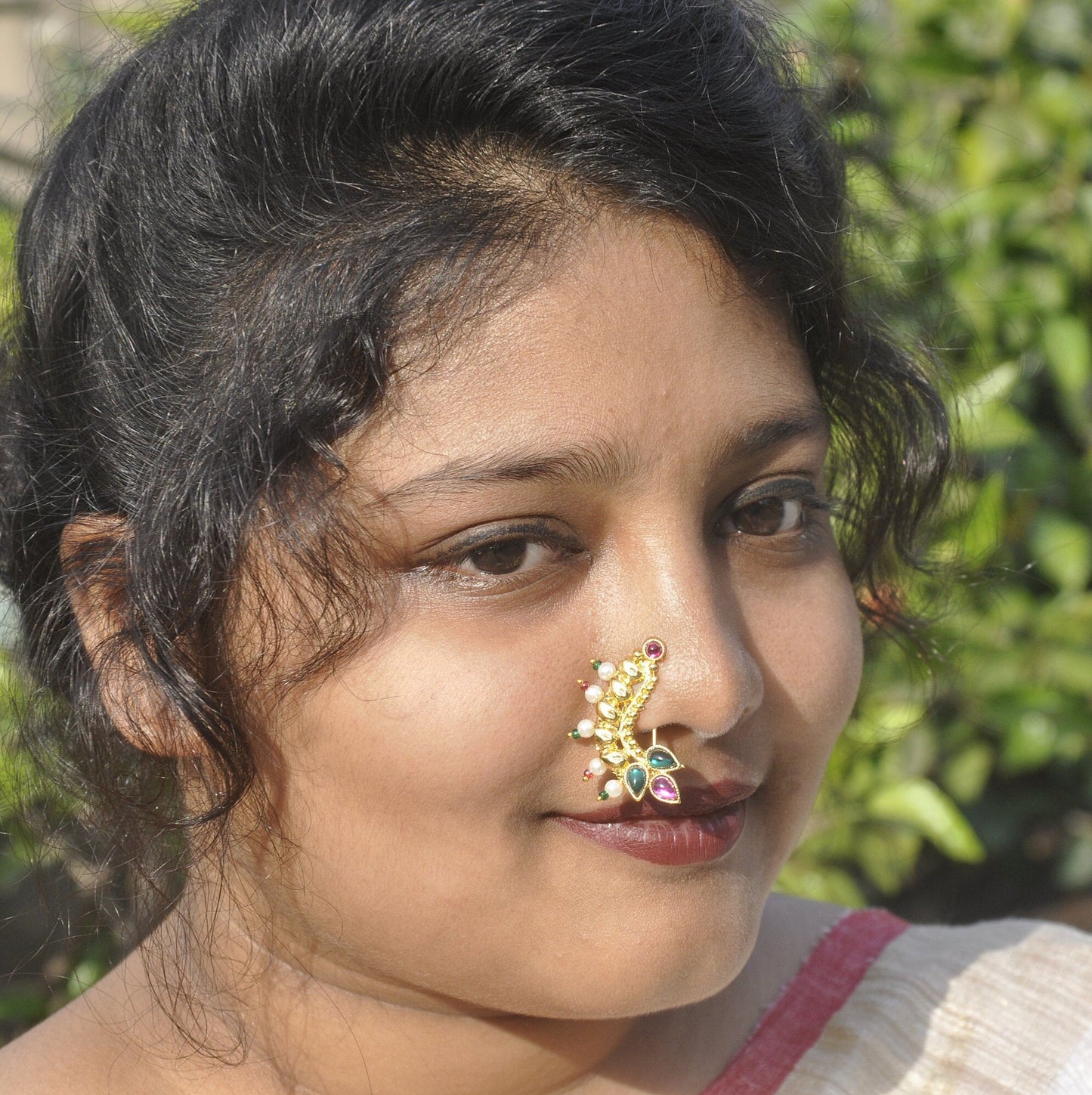 Marathi Nose Pin, Golden False Nose Pin White Stone | Bollywood | Clip on Nose ring | Indian Traditional Bridal Nath | Mothers Day Gift