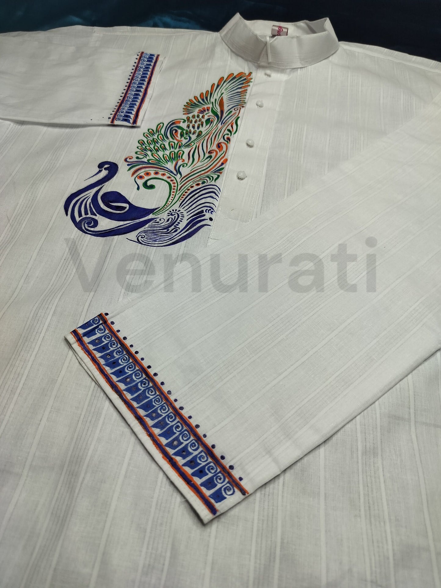 Hand painted Pure Cotton Kurta for Men's, Indian Style Men's Kurta, Handpaint Punjabi for Mens, Anniversary Gift