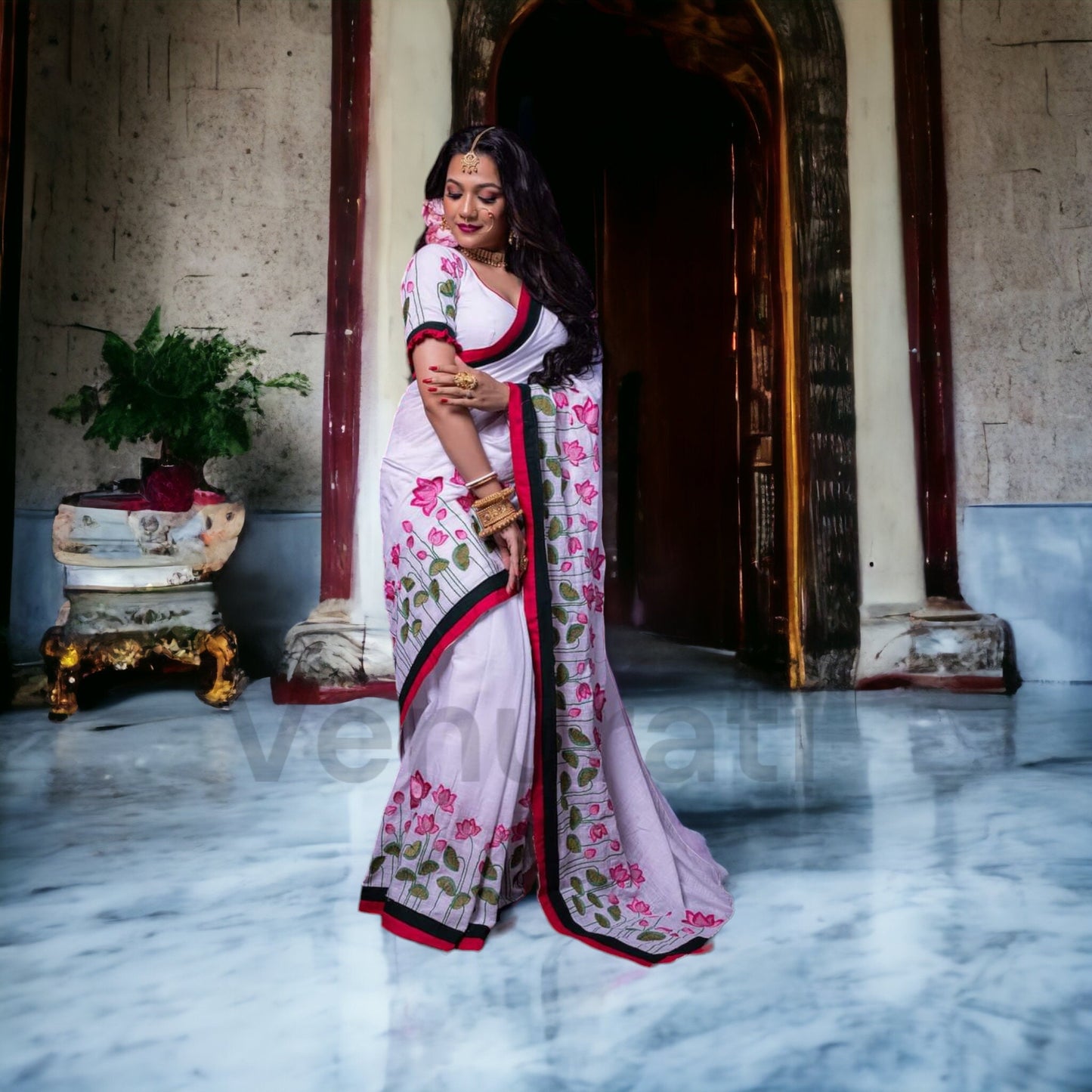 Designer Saree And Punjabi Couple Set With Embroidery work Pure Cotton Mens Kurta Authentic Cotton Saree With Blouse